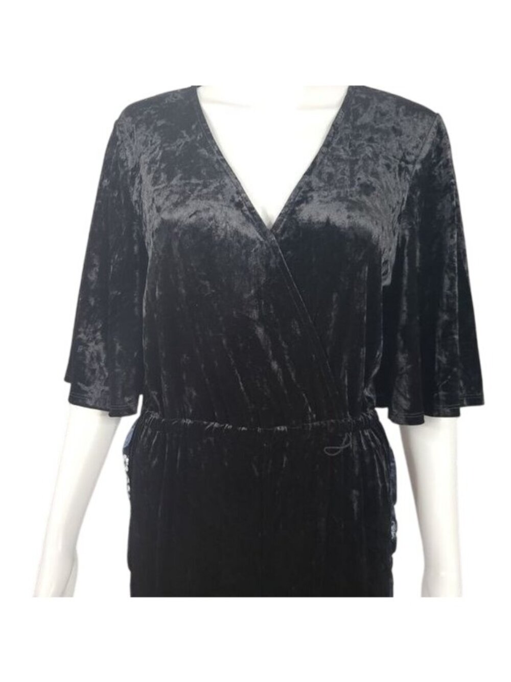 Disney Princess Black Velvet Jumpsuit W/ Floral Side Panels & 3/4 Sleeves Medium